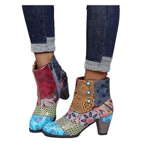 Leather Bohemian Floral Embossed Ankle Cowgirl Boots
